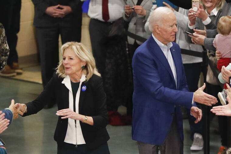 Democratic presidential candidate former Vice President Joe Biden and his wife Jill Biden greet supporters during a campaign event at St. George Greek Orthodox Cathedral in Manchester, N.H., Monday.