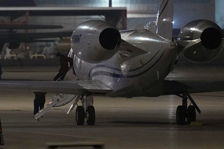 WNBA star Brittney Griner deplanes at Kelly Field in San Antonio, Texas, on Friday morning.