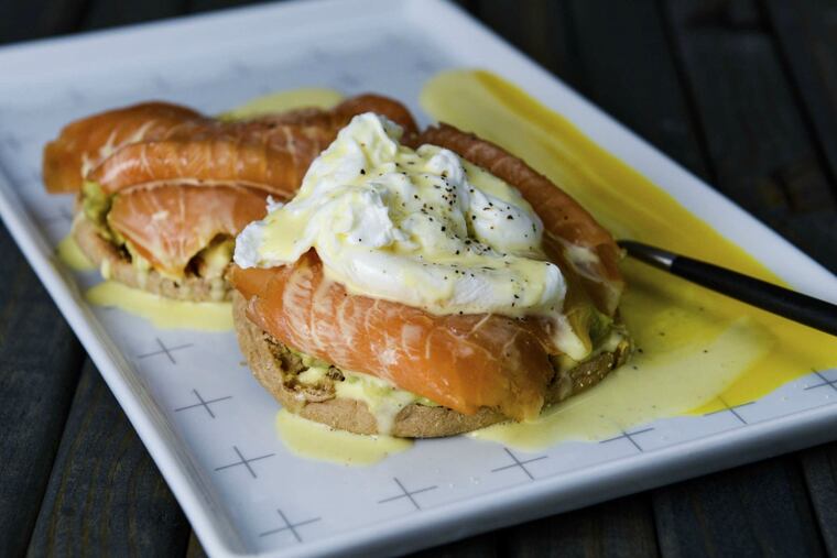 Salmon and avocado eggs Benedict.
