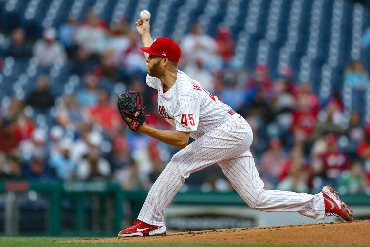 Phillies pitcher Zack Wheeler throws against the Nationals during the 1st inning at Citizens Bank Park in Philadelphia, Tuesday, June 22, 2021