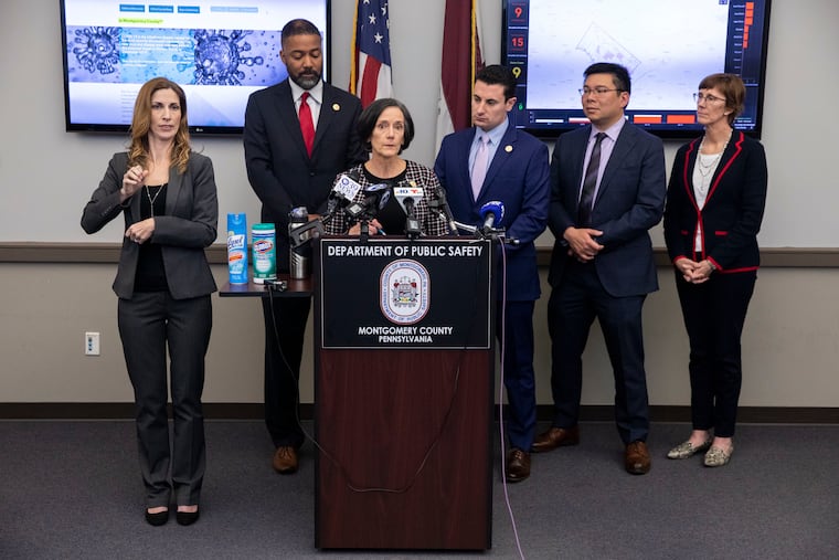 (Center) Dr. Valerie Arkoosh, Chair of the Montgomery County Board of Commissioners, gave an update on the the coronavirus at the Montgomery County Department of Public Safety in Eagleville, Pa. on Wednesday, March 11, 2020. There are nine total presumptive positive cases in Montgomery County. Arkoosh recommended that public gatherings be canceled.