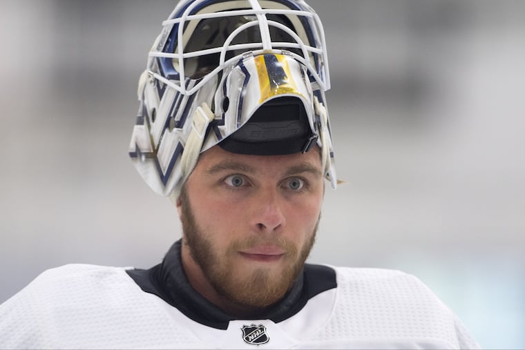 Goaltender Felix Sandstrom (49) looks on during Flyers development camp Thursday. He will be trying to bounce back from an injury-plagued season.