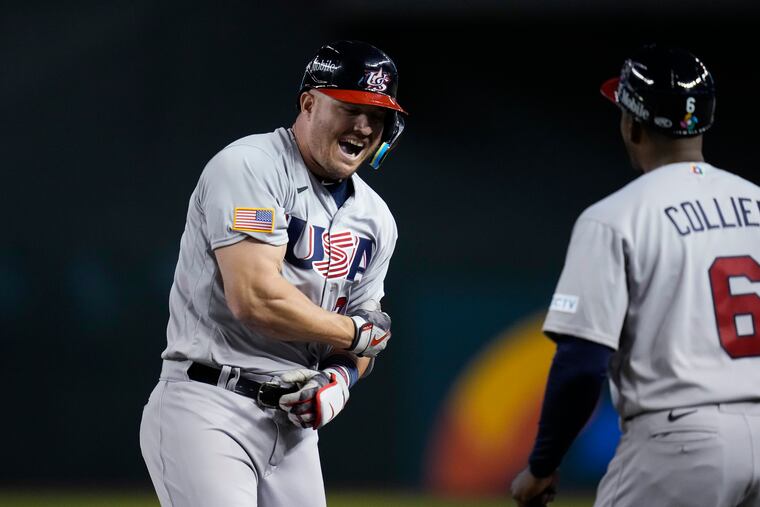 Mike Trout celebrates after hitting a two-run single against Colombia during the fifth inning on Wednesday.