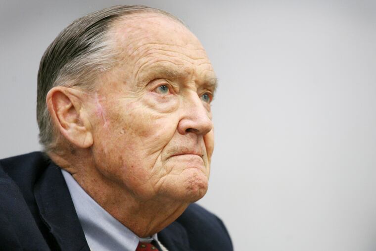 In this May 20, 2008, file photo John Bogle listens during an interview at The Associated Press in New York. The surge in popularity for index funds is a product of their lower fees, better performance and the preaching of Bogle, the founder of Vanguard Group, which launched the first index mutual fund for individual investors in 1976. Bogle died Jan. 16, 2019, at 89 after pushing for years to keep costs down and widen access to index funds. (AP Photo/Mark Lennihan, File)