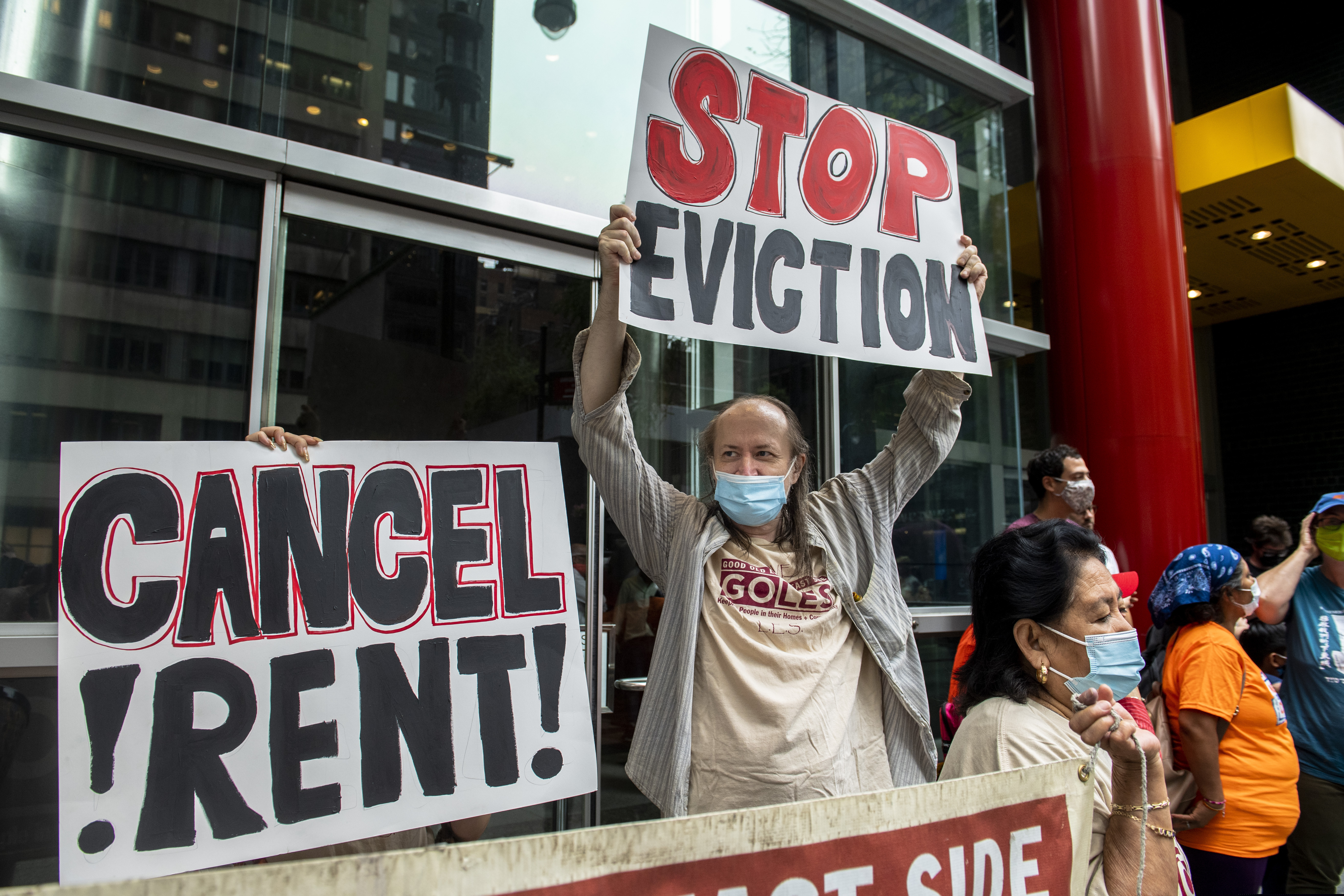 In this Aug. 4 photo, housing advocates protested on the eviction moratorium in New York.