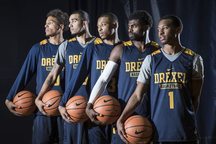 The starting five of the 2017-18 Drexel season that fueled the greatest comeback in Division I men's basketball history. From left, Miles Overton, Sammy Mojica, Troy Harper Jr, Tramaine Isabell, and Kurk Lee Jr.