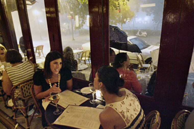 Dara Imperatore (left) and Traci Marabella (right) dine inside Parc, the hot new French bistro on Rittenhouse Square. (Elizabeth Robertson / Inquirer Staff)