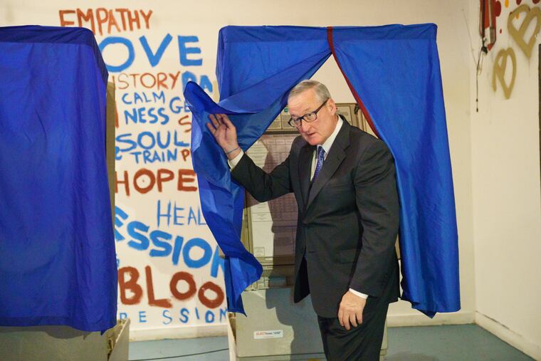 FILE - Mayor Jim Kenney votes at the Painted Bride, in Philadelphia, on May 21, 2019. Kenney hasn't been impressed with Vice President Joe Biden's presidential campaign and isn't fond of U.S. Sen. Bernie Sanders (I., Vt.). (Jessica Griffin / Staff Photographer)