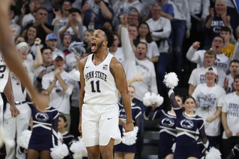 Lamar Stevens of Penn State celebrates after the Nittany Lions took the lead over Iowa in the first half.