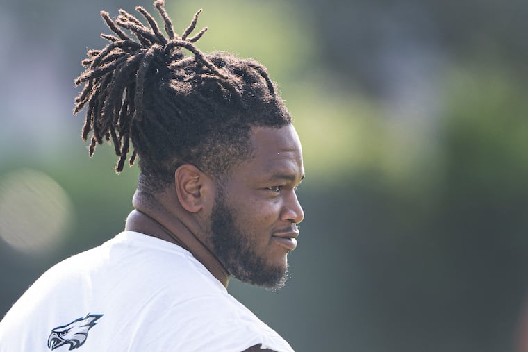 Jalen Carter looks on during practice on July 31 at the NovaCare Complex.
