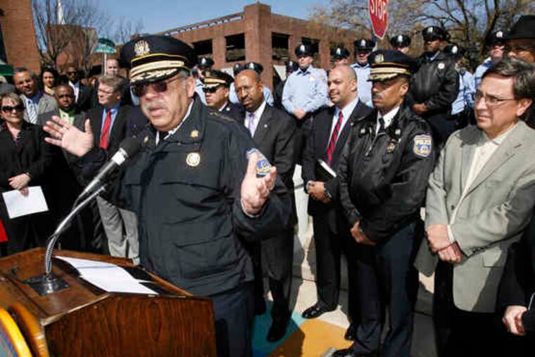 Police Commissioner Charles H. Ramsey speaks in Headhouse Square at a news conference attendedby Mayor Nutter and other officials to denounce the recent spate of violent teen gatherings.
