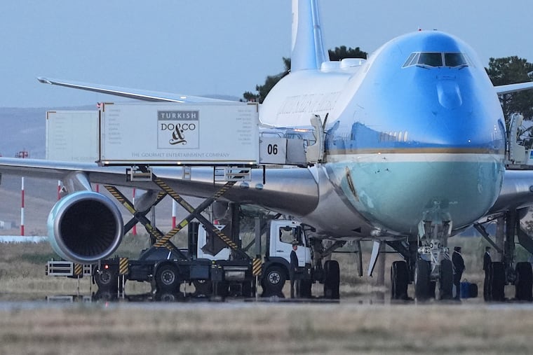 A catering truck is parked next to Air Force One before President Donald Trump departs from Ankara, Turkey, in July.