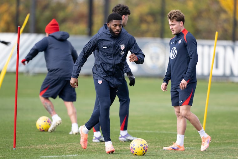 Defender Mark McKenzie (center), a Bear, Del. native, taking part in a U.S. men's national team training session in Chester in November.