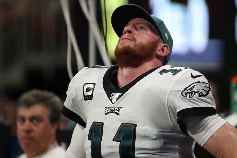 Eagles quarterback Carson Wentz had to deal with a depleted receiving corps Sunday against the Falcons.