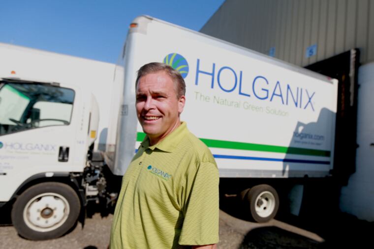 Barrett Ersek, whose Glen Mills factory makes instant organic compost base, plus specialized chilling, mixing and spraying equipment used by natural-turf MLB teams, Ivy League colleges, Amish farmers and organic growers, Sept. 4, 2014. (DAVID SWANSON/Staff Photographer)