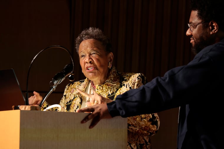 Rae Alexander-Minter, daughter of civil rights activist Sadie Tanner Mossell Alexander, speaks during a fundraiser to help pay for stabilization work on the historic Tanner House in Philadelphia. She has spoken out against Penn Carey Law's decision to pause the scholarship in her mother's name.