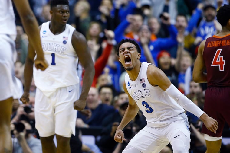 Duke guard Tre Jones (3) reacts after scoring against Virginia Tech during the second half of an NCAA men's college basketball tournament East Region semifinal in Washington, Friday, March 29, 2019. (AP Photo/Patrick Semansky)