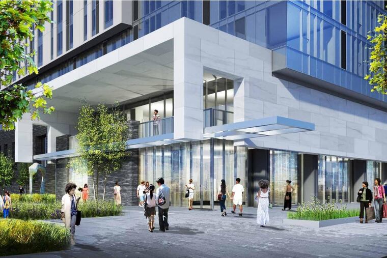 Artist's rendering of lower floors of apartment building planned for the current site of the Newman Center student ministry at 3720 Chestnut St., as seen from Chestnut Street.