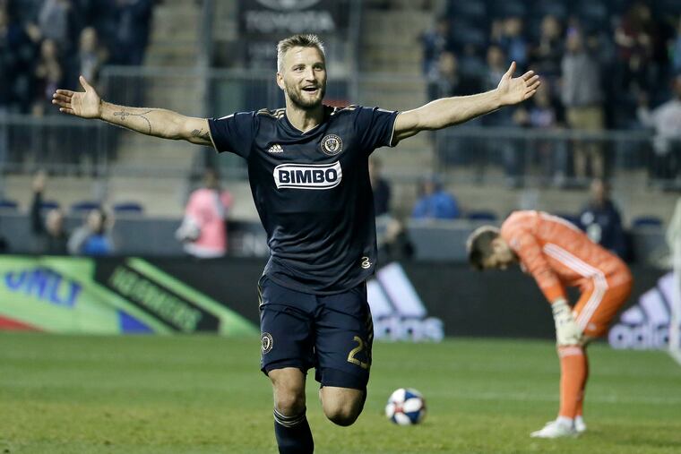 Kacper Przybylko celebrates scoring the first gaol in the Union's 2-0 win over FC Cincinnati at Talen Energy Stadium.