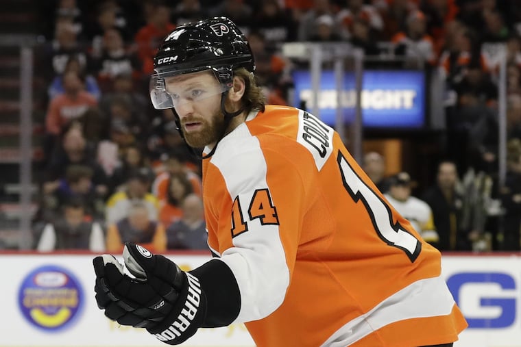 Flyers center Sean Couturier, shown in last season's playoffs against Pittsburgh, is on target to be ready for the opener in Vegas on Oct. 4.