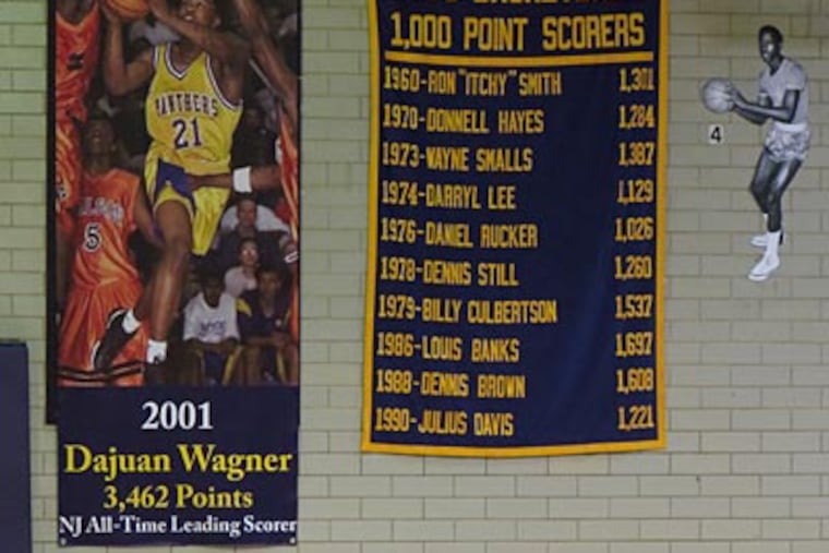 A banner in Camden's gym notes Dajuan Wagner's high school scoring record. (Marc Narducci/Staff)