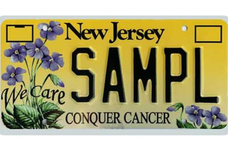 A sample of the "Conquer Cancer" New Jersey license plate.