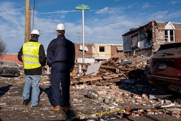 The scene at the 3500 block of Miller Street in Port Richmond Sunday after several rowhouses collapsed in a series of gas explosions.