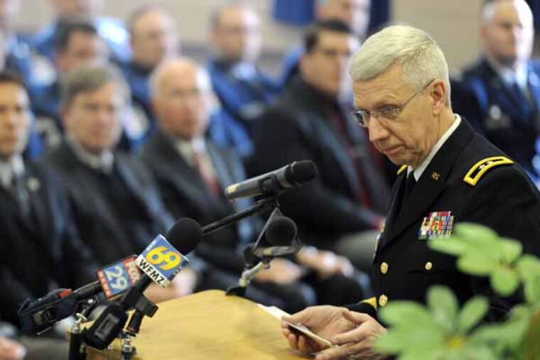 Major General Wesley Craig, commander of the Pennsylvania National Guard, addresses staff, VIPs and the media about the creation of a ground-control station for the MQ-9 Reaper drone at the 111th Fighter Wind, PA Air National Guard at Willow Grove Air Reserve Station. ( CLEM MURRAY / Staff Photographer )