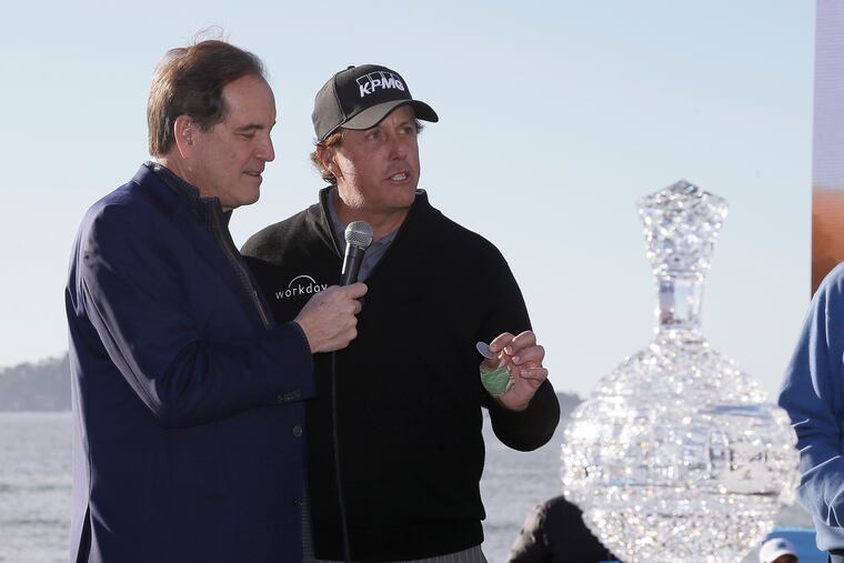 Jim Nantz interviews Phil Mickelson at Pebble Beach last year. The broadcaster will return to the airwaves this weekend after golf's three-month hiatus because of the coronavirus pandemic.