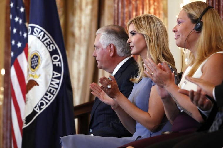From left, Secretary of State Rex Tillerson, left, Ivanka Trump, and Alika Kinan, of Argentina, attend a 2017 Trafficking in Persons Report ceremony, Tuesday, June 27, 2017, at the State Department in Washington. Kinan was one of eight individuals honored for their work to stop human trafficking. (AP Photo/Jacquelyn Martin)