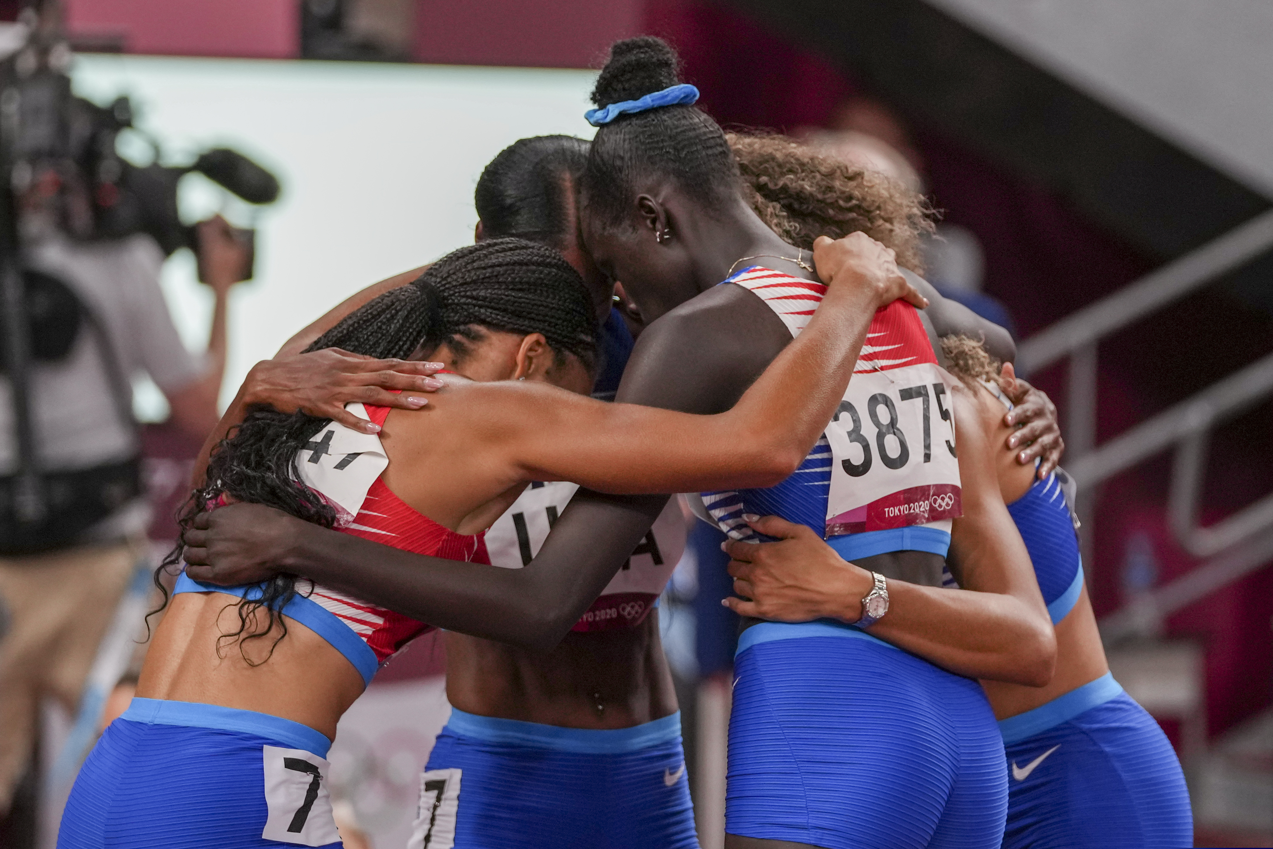 The team from the United States wins the women's 4 x 400-meter relay at the 2020 Summer Olympics, Saturday, Aug. 7, 2021, in Tokyo.