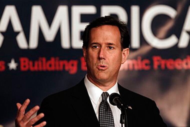 Republican presidential candidate, former Pennsylvania Sen. Rick Santorum, speaks at a rally in Lincoln Park, Mich., Friday, Feb. 24, 2012. (AP Photo/Paul Sancya)