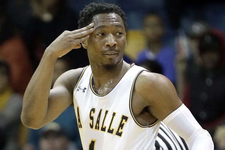 La Salle’s Johnnie Shuler reacts after hitting a 3 pointer in the 1st haf of the Mercer at La Salle University mens basketball game at La Salle’s Gola Arena on December 17, 2017. La Salle won the game 95-85.