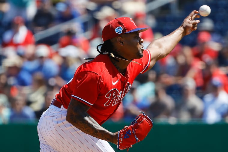 Phillies pitcher Gregory Soto throws the baseball in the fourth inning during a spring training game against the Toronto Blue Jays at BayCare Ballpark in Clearwater, Florida on Sunday, March 12, 2023.