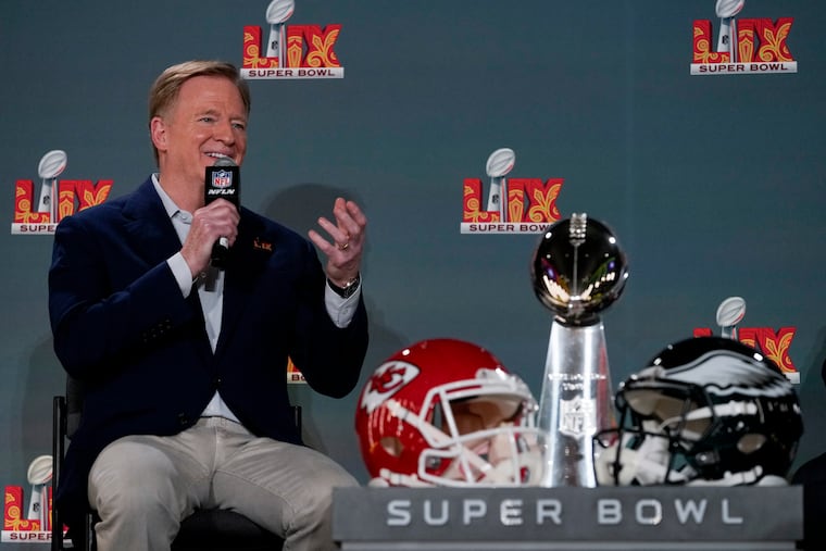 NFL commissioner Roger Goodell addressed reporters before media day at Super Bowl LIX in New Orleans on Monday.