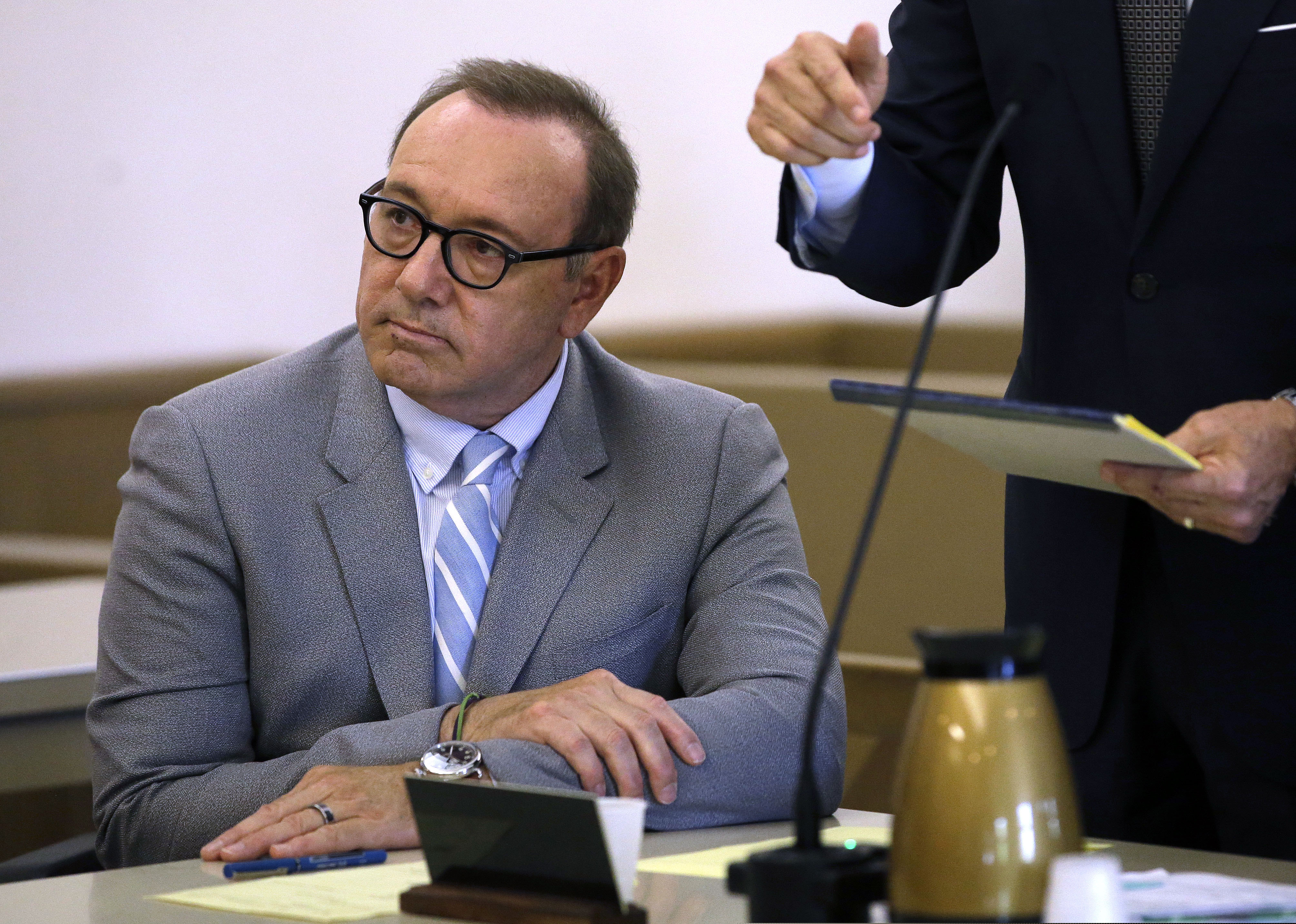 Actor Kevin Spacey attends a pretrial hearing on Monday, June 3, 2019, at district court in Nantucket, Mass. The Oscar-winning actor is accused of groping the teenage son of a former Boston TV anchor in 2016 in the crowded bar at the Club Car in Nantucket. (AP Photo/Steven Senne)