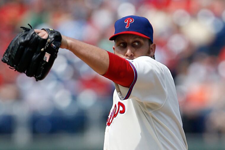 Phillies' pitcher Aaron Harang throws the baseball in the first-inning
against the Colorado Rockies on Saturday, May 30, 2015 in
Philadelphia. (Yong Kim/Staff Photographer)