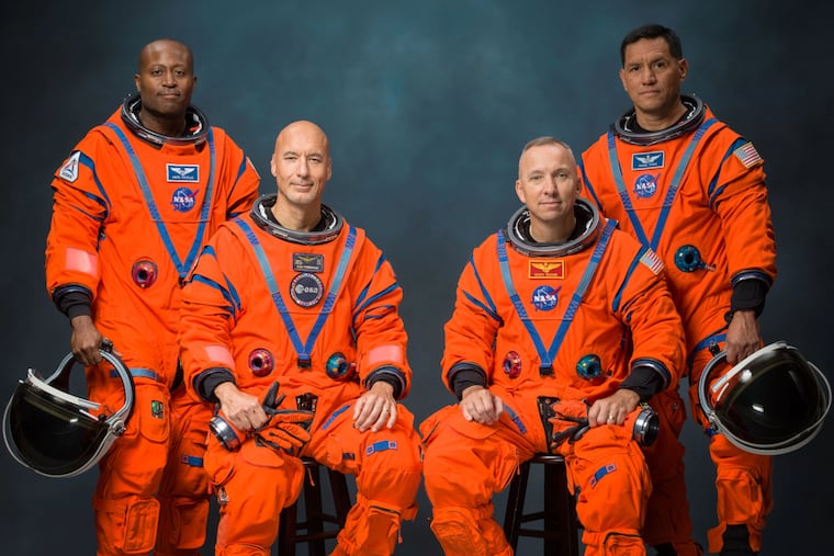 This undated photo provided by NASA Tuesday, June 9, 2026, shows the Artemis III crew including, from left, Andre Douglas, Luca Parmitano, Randy Bresnik, and Frank Rubio.