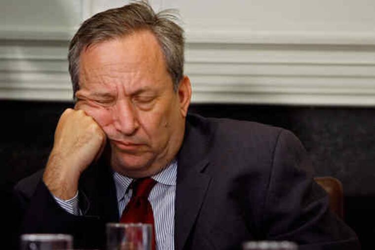 Lawrence Summers, director of the U.S. National Economic Council, appears to nod off during a meeting with President Obama and credit-card executives. Or maybe he was thoughtfully weighing his words at the meeting on Thursday.