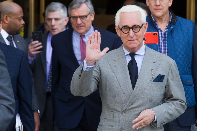 In this Thursday, March 14, 2019, file photo, Roger Stone, an associate of President Donald Trump, leaves U.S. District Court after a court status conference on his seven charges: one count of obstruction of an official proceeding, five counts of false statements and one count of witness tampering, in Washington. On Friday, April 12, 2019, Stone asked a federal judge to compel the Justice Department to turn over a full copy of special counsel Robert Mueller’s report on the Russia investigation as part of discovery in his criminal case.