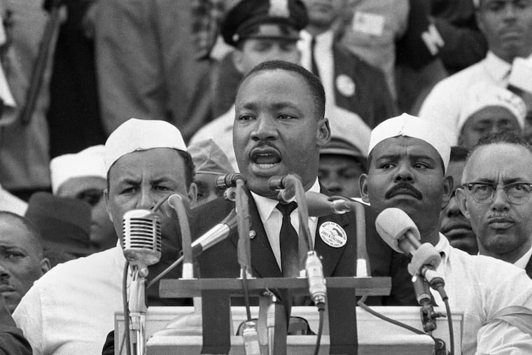 The Rev. Dr. Martin Luther King Jr. addresses marchers during his "I Have a Dream" speech at the Lincoln Memorial on Aug. 28, 1963, in Washington.