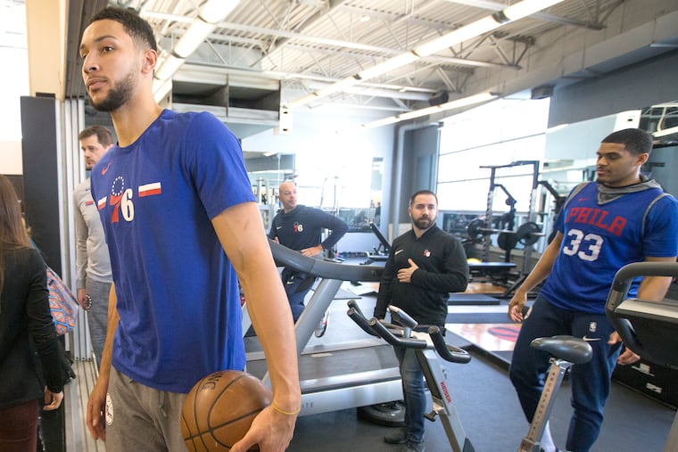 Ben Simmons (left) and Tobias Harris spoke to the media on Sunday.
