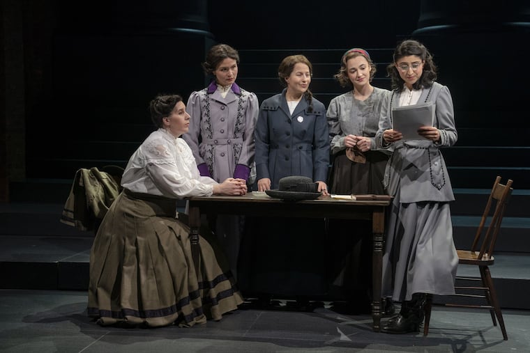 Cast members of "Suffs": Ally Bonino as Lucy Burns, Phillipa Soo as Inez Milholland, Shaina Taub as Alice Paul, Hannah Cruz as Ruza Wenclawska and Nadia Dandashi as Doris Stevens.