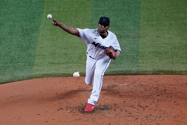 The Phillies lost Sunday's doubleheader opener to Sixto Sanchez, above, 2-1 and were beaten in the second game 8-1 by lefty Braxton Garrett, a 2016-first-round pick who made his major-league debut.