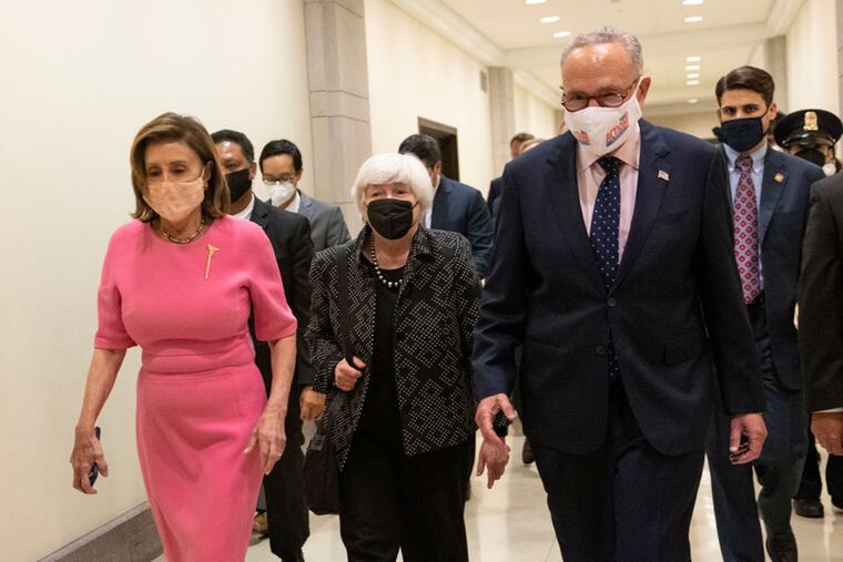 Speaker of the Nancy Pelosi (D-CA) (left) and Senate Majority Leader Charles Schumer (D-NY) (right) walk with Treasury Secretary Janet Yellen at the U.S. Capitol Congress is currently in negotiations to pass a spending bill and raise the debt limit with the threat of a government shutdown looming if a deal is not reached.