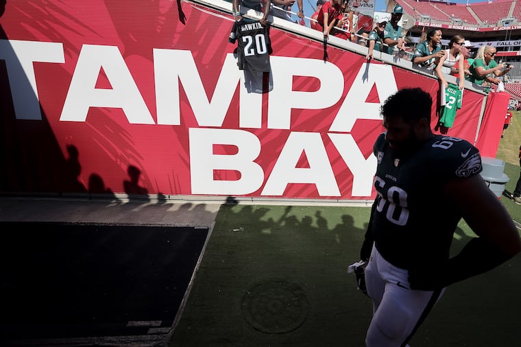 Eagles tackle Jordan Mailata slowly walks off the field after last season's loss to Tampa Bay. They'll be back there on Sunday for another Week 4 showdown.