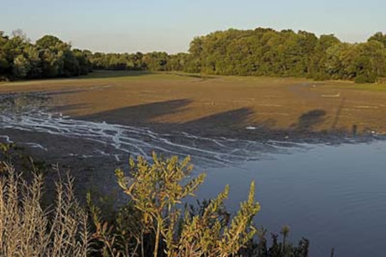 With the dry siege, Lake Luxembourg at Core Creek County Park in Bucks County’s Middletown Township has receded. (William Jobes / Special to The Inquirer)