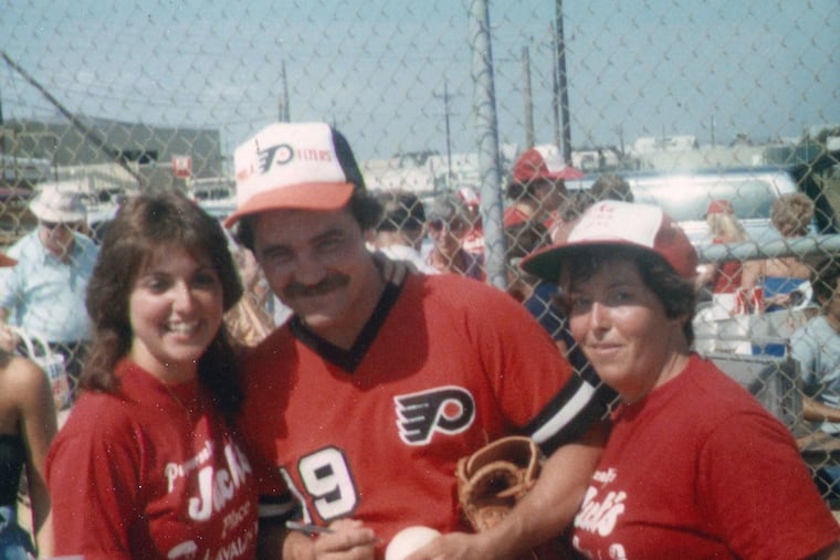 Flyers star Rick MacLeish with two employees of Jack’s Place during a 1974 charity softball game in Avalon.