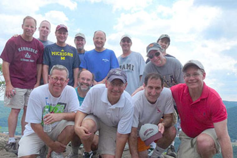 The campers today: (front, from left) T.C. Cohn, Russell Cohen, Steve Halpern, Richard Marx, Alan Wohlstetter; and (standing, from left) Sam Rudman, Rabbi John Linder, Stanley Weil, Gary Grant, Tim Harrison, Chris Crystal, Carl "Chip" Loewenson, Peter Kay.
