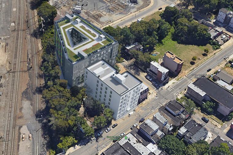 An aerial-view rendering of the 140-unit apartment building from Haverford Square Properties with its smaller neighbor from the same company.
